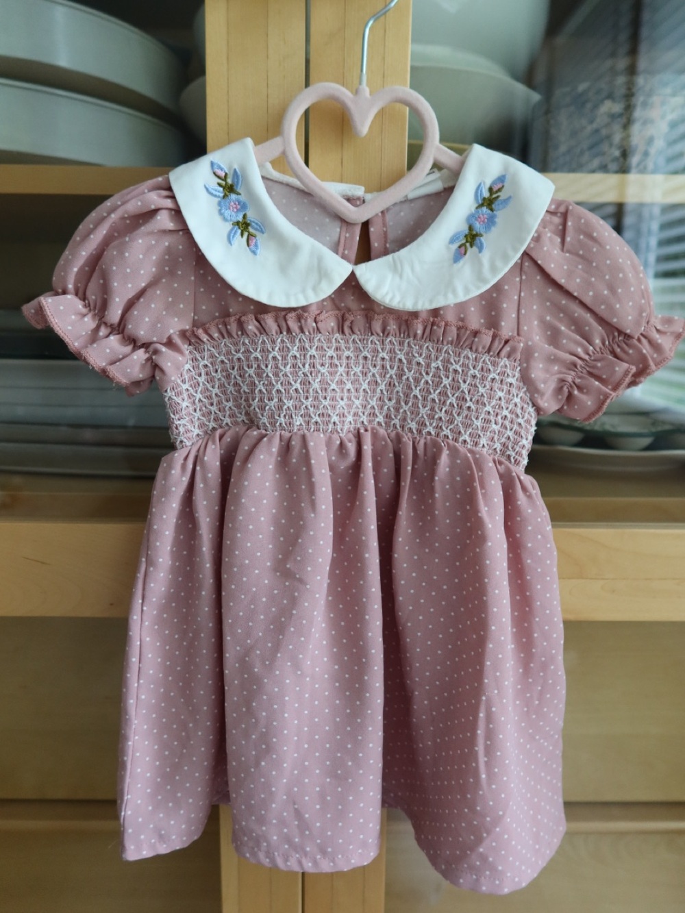 SHEIN Pink Polka Dot Smocked Dress with Embroidered White Peter Pan Collar